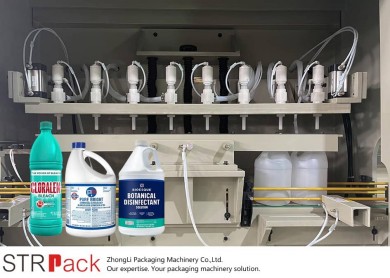 Dây chuyền tự động chiết rót và đóng nắp bình đựng dung dịch tẩy trắng khử trùng chống ăn mòn loại gallon.